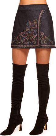 Ramy Brook Lauren Paisley Embroidery Denim Miniskirt in Dark Denim Multi at Nordstrom, Size 12