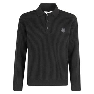 Maison Kitsun&eacute; Round-neck Knitwear, male, Black, L, Fox Head Wool Ribbed Polo Jumper