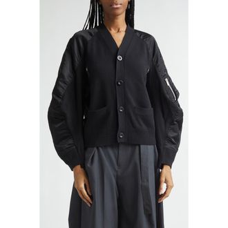 sacai Mixed Media Knit & Nylon Twill Cardigan in Black at Nordstrom, Size 2