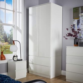 Home Source Industries Wardrobe 2 Door 2 Drawer Storage Cabinet Modern Home Bedroom Unit in White