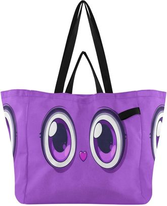 Generic Eye Heart Purple pattern Reusable Canvas Tote Bag, Heavy Duty Grocery Shopping Bag with Double Handles Large Capacity Hard Bottom Work Groceries Trave