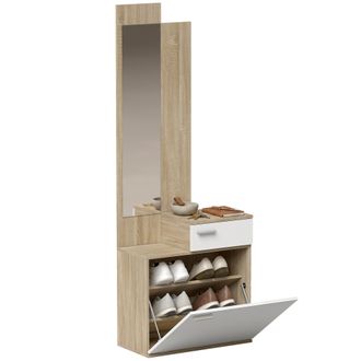 HOMCOM Homcom Recibidor De Entrada Con Espejo Y Zapatero Abatible, Mueble Recibidor De 2 Piezas Con Caj&oacute;n, Mesa Peque&ntilde;a, 61x30x170 Cm, Blanco
