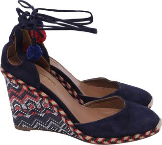 Aquazzura Pom-Pom Embellishments Espadrille Wedge in Blue Suede