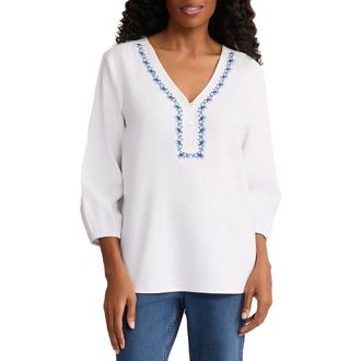 Jones New York Embroidered Popover Top in Natural White/blue Horizon Mlt at Nordstrom, Size X-Small
