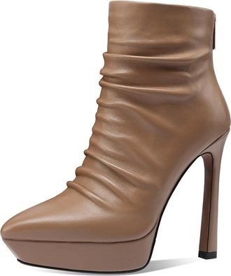 TinaCus Handmade Womens Genuime Leather Platform Plicated Side Zipper Pointed Toe High Stiletto Heel Ankle Boots Shoes, Camel Heel 4.92, 6 UK