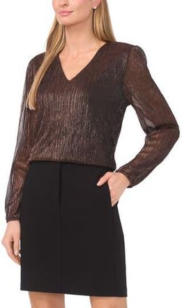Halogen Metallic Pliss&eacute; V-Neck Top in Bronze at Nordstrom Rack, Size X-Small