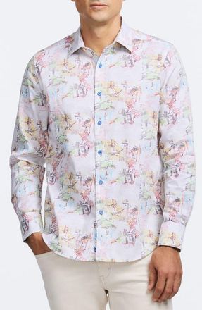 Robert Graham Payson Tropical Villa Print Stretch Cotton Button-Up Shirt in Multi White at Nordstrom, Size Xxx-Large