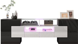 STILVORA Mueble De Tv Con 6 Puertas, 2 Cajones Y Led Multicolor, Acabado Brillante Moderno, 145&times;30&times;51 Cm, De Aglomerado, Blanco Y Negro