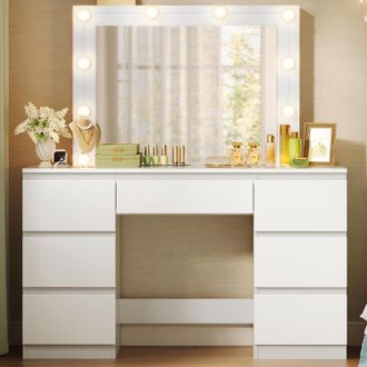 Woltu Woltu Tocador Con Espejo, Mesa De Maquillaje Con 7 Cajones De Almacenamiento, Estaci&oacute;n De Maquillaje, Blanco