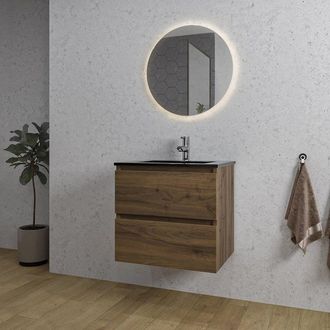 Saniclass Chaci Badkamermeubelset - 60x46x55cm - keramische wastafel zwart - 1 wasbak - 1 kraangat - 2 lades - ronde spiegel met verlichting - noten (hout)