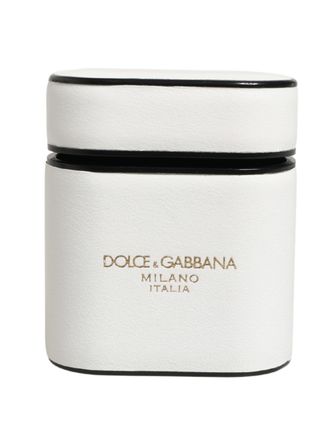Dolce & Gabbana White Calf Leather Logo Print Flip Holder Airpods Case Accessory