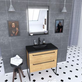 Aurlane Aurlane - Mueble 80x50 - 2 Cajones Roble Oscuro - Lavabo Negro Efecto Piedra - Espejo