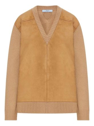 Prada Suede-Panel V-Neck Wool Sweater Clothing
