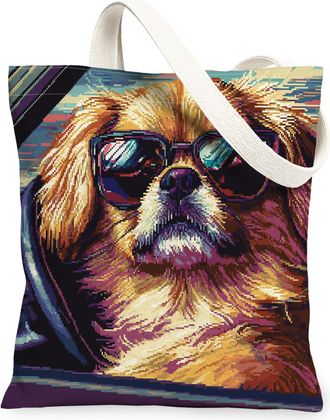 Generic Pekingese Dog Canvas Tote Bag for Shopping 13x15, Pop Aesthetic Funky Puppy Reusable Grocery Print Pattern Bag for Women, Cool Pet Beach Aesthetic Pai
