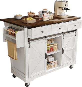 STILVORA Carrello Da Cucina Con 3 Cassetti, 2 Ante Scorrevoli, Piano Pieghevole E Ruote, In Mdf, 140x45x94 Cm, Beige