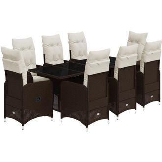 vidaXL Set De Mesa Y Sillas Jard&iacute;n 9 Piezas Y Cojines Rat&aacute;n Pe Marr&oacute;n Vidaxl