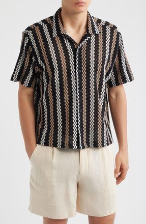 Percival Wade Openwork Stripe Camp Shirt in Black at Nordstrom, Size Xx-Large