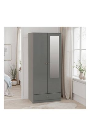 Seconique Denver 2 Door 1 Drawer Mirrored Wardrobe - Grey Gloss