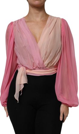 Dolce & Gabbana Womens Pink Plunging V-Neck Long Sleeves Blouse Top Silk