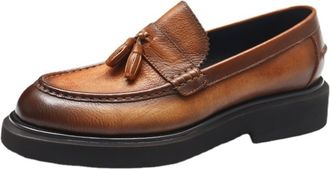 Generic Mens Round Toe Vintage Distressed Oxfords Chunky Heel Platform Loafers Slip on Formal Shoes with Tassel,Brown,8.5 UK