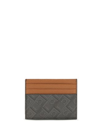 Ferragamo Mens Monogram Leather Cardholder Grey Patterned Dark Calf Bos Taurus Wallet