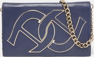 Aigner Blue Leather Interlocking A-Logo Flap Chain Clutch
