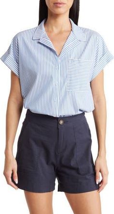 Matty M Stripe Short Sleeve Button-Up Shirt in Chambray at Nordstrom Rack, Size Large
