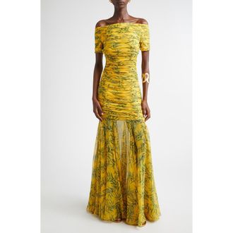 Carolina Herrera Olive Branch Off the Shoulder Silk Ruched Gown in Daffodil/Multi at Nordstrom, Size 4