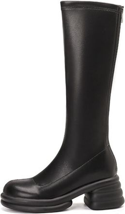 Generic Womens PU Leather Knee-High Boots Layered Chunky Platform Block Heels Round Toe Side Zipper Stretchy Snug Fit Soft Lining Cushioned Durable Outsole,Bl