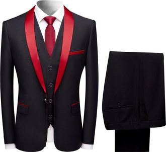 AlltheMen 3-delig rood kostuum met sjaalkraag in contrasterende kleur