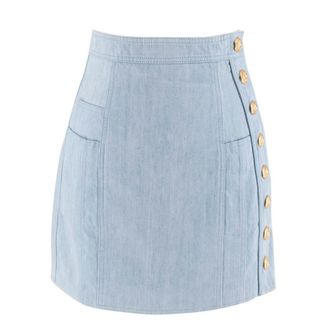 Balmain Blue Cotton Denim Buttoned Mini Skirt Size XS