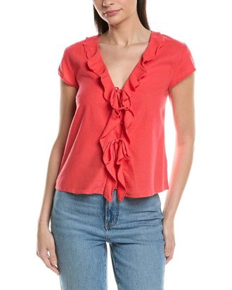 Ellen Tracy Linen-Blend Ruffle Tie Front Top