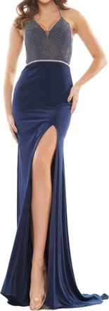 Colors Dress Rhinestone Bodice High Leg Slit Gown In Navy