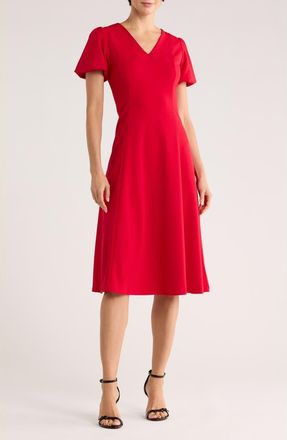 DKNY Puff Sleeve Fit & Flare Midi Dress in City Crimson at Nordstrom Rack, Size 16