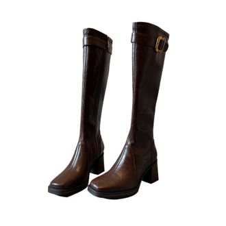 Generic Square toe high heel chunky heel knee high slimming tall for women, soft material versatile winter boots, luxury fashion boots,(brown,5.5 UK)