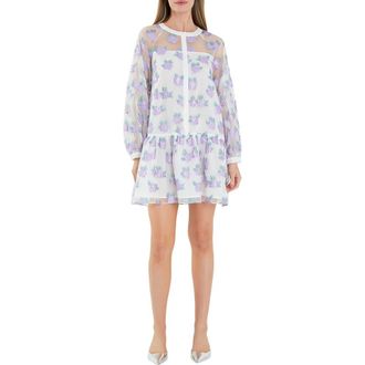 English Factory Floral Button Front Long Sleeve Organza Minidress in Lilac at Nordstrom Rack, Size X-Small