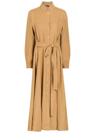 Polo Ralph Lauren Linen Midi Shirt Dress - Brown - 12 (UK14 / L)