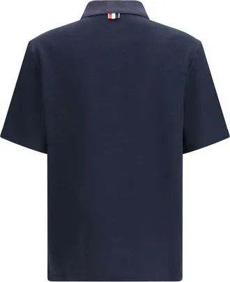 Thom Browne Cotton-Linen Blend Polo Shirt - Navy