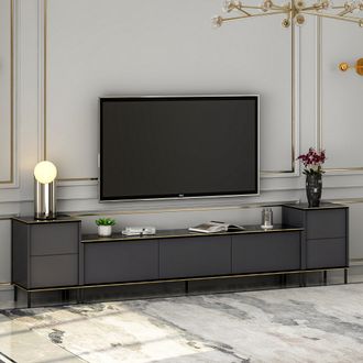 Dmora Mobile Porta Tv Cortin, 2 Ripiani, 7 Vani, 5 Ante, 260x35x45h Cm Nero Antracite
