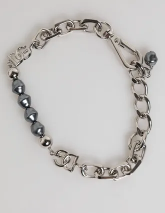 Dolce & Gabbana Silver Tone Chain Lobster Clasp Logo Gray Pearls Mens Bracelet (Pre-Owned)