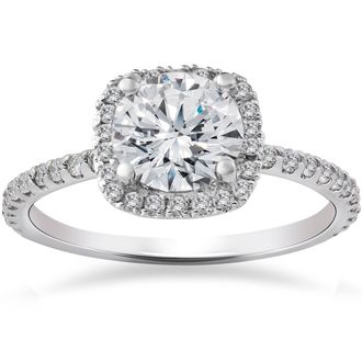 Pompeii3 2Ct Cushion Halo Lab Grown Diamond Engagement Ring 14K White Gold Size Selectable