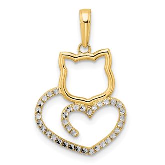 Diamond2Deal 14k Yellow Gold White Rhodium Diamond-cut Cat Heart Pendant