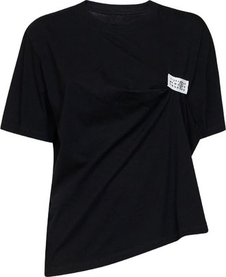 Maison Margiela Asymmetrical Draped Black T-Shirt with Logo Patch