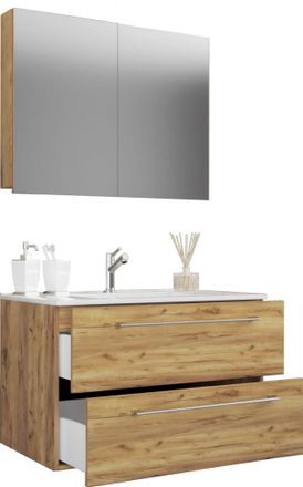 ebuy24 Ebuy24 - Vcm 3 Pcs Lavabo Lavabo Gabinete Inferior Ancho 80 Cm Muebles De Ba&ntilde;o Con Cajones Puertas Giratorias Armario De Espejo Badinos (roble Miel)