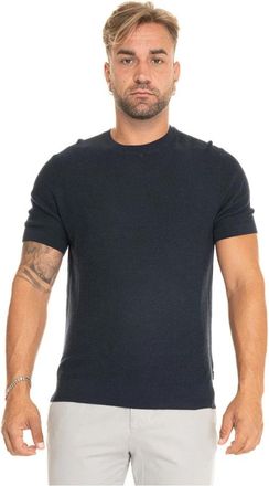HUGO BOSS Korte Mouw Ribgebreide Trui - Heren - Ronde hals truien - Blauw - 2XL - Katoen - Truien & Vesten