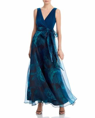 Eliza J Organza-Skirt Bow-Waist Gown In Green