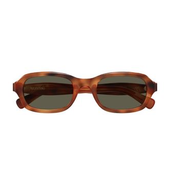 Valentino Havana Linea V Logo Recycled Acetate Rectangular Sunglasses