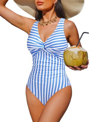 Holipick Women Tummy Control One Piece Swimsuit - Push Up Bathing Suit Full Coverage Slimming Swimwear, Light Blue Striped, Medium