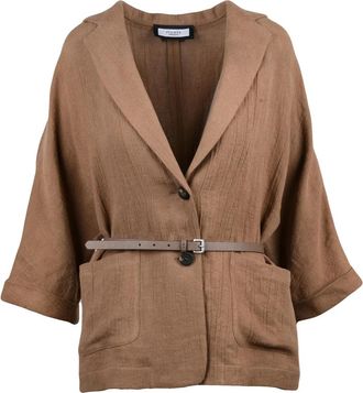 PESERICO Lightweight Brown Linen Blazer With Leather Waist Detail