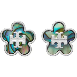 Tory Burch Forget Me Not Enamel Stud Earrings in Light Silver /Abalone at Nordstrom